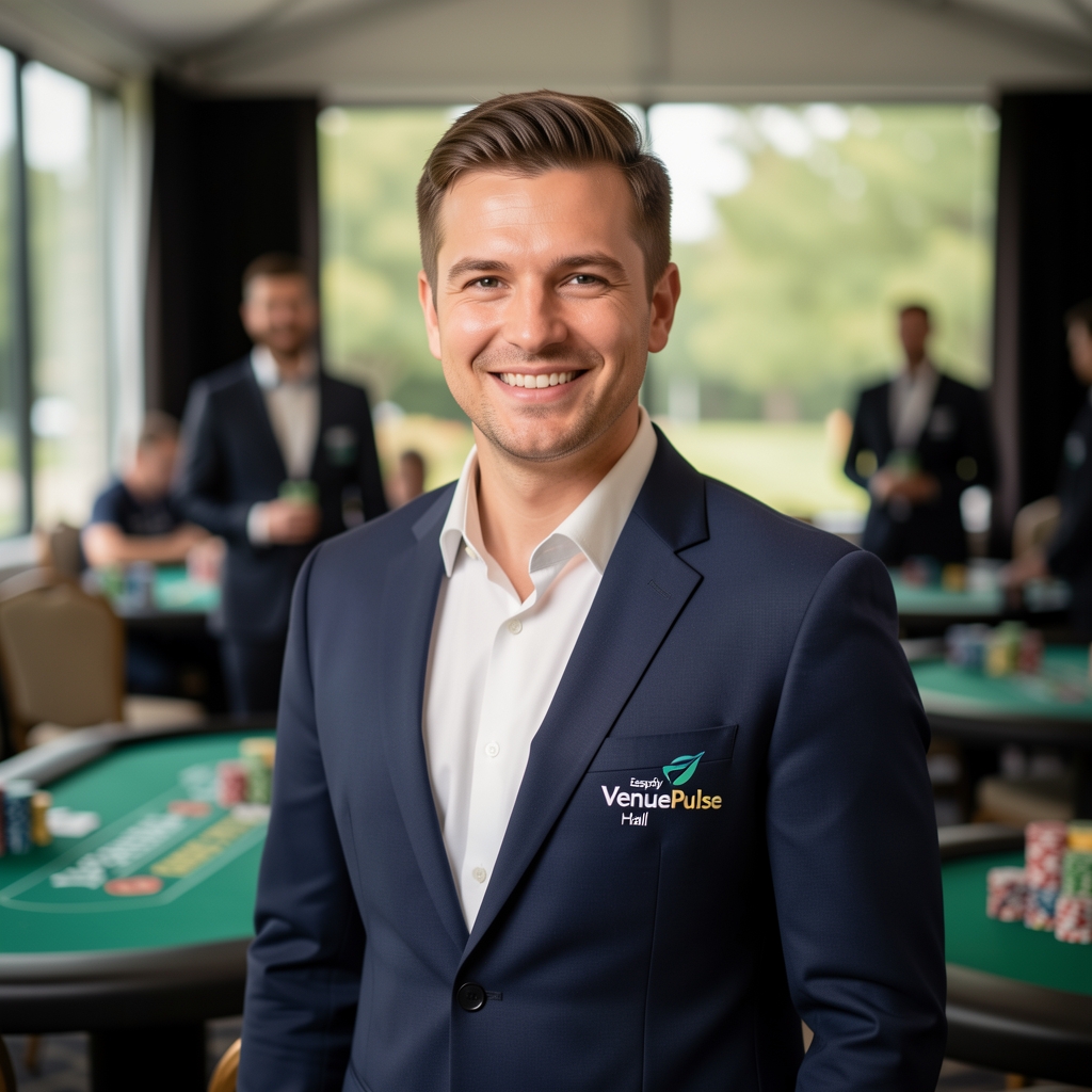 Zespół BONA DREZDENKO stojący w sali eventowej przy stołach pokerowych, uśmiechnięci, w strojach wizytowych z logo firmy