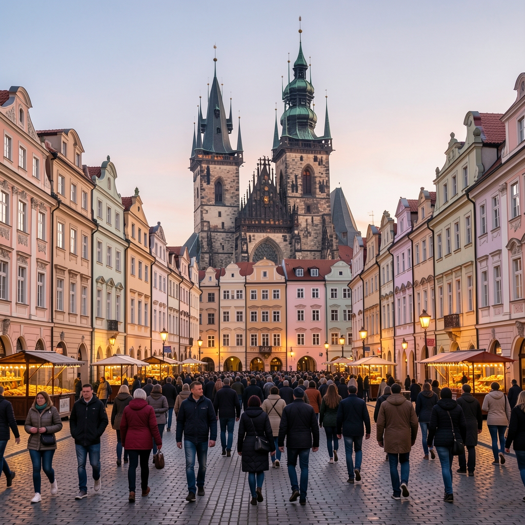 Widok na Rynek Główny w Krakowie o zmierzchu z kamienicami i Kościołem Mariackim w tle, tłum spacerujących ludzi