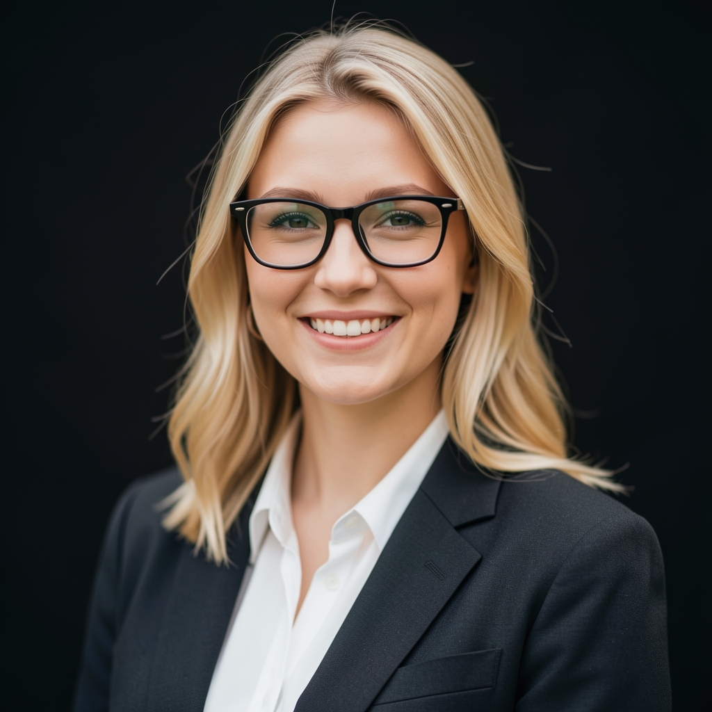 Portret Anny Zielińskiej, młoda kobieta z jasnymi włosami i okularami, uśmiechnięta na tle ciemnego tła