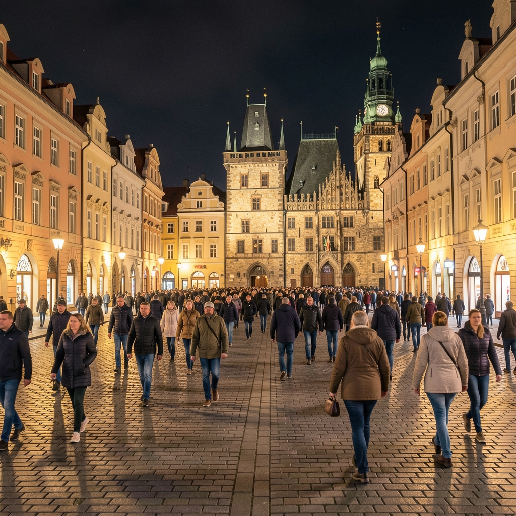 Nocny widok na Rynek Główny w Krakowie z oświetlonymi kamienicami i Sukiennicami, tłum spacerujących turystów i mieszkańców
