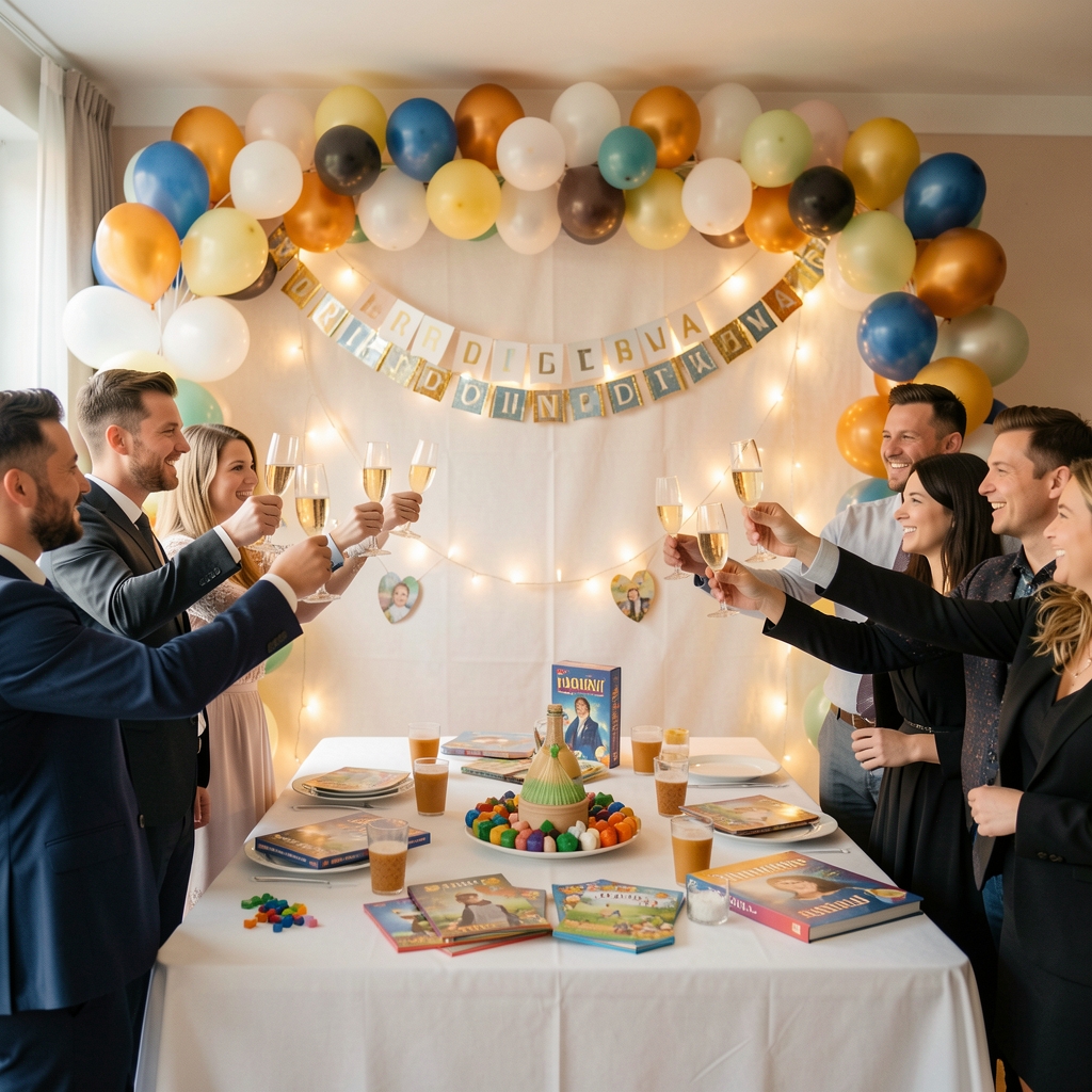 Urodzinowa dekoracja sali eventowej z balonami, girlandą świetlną i stołem z grami, gości wznoszących toast szampanem