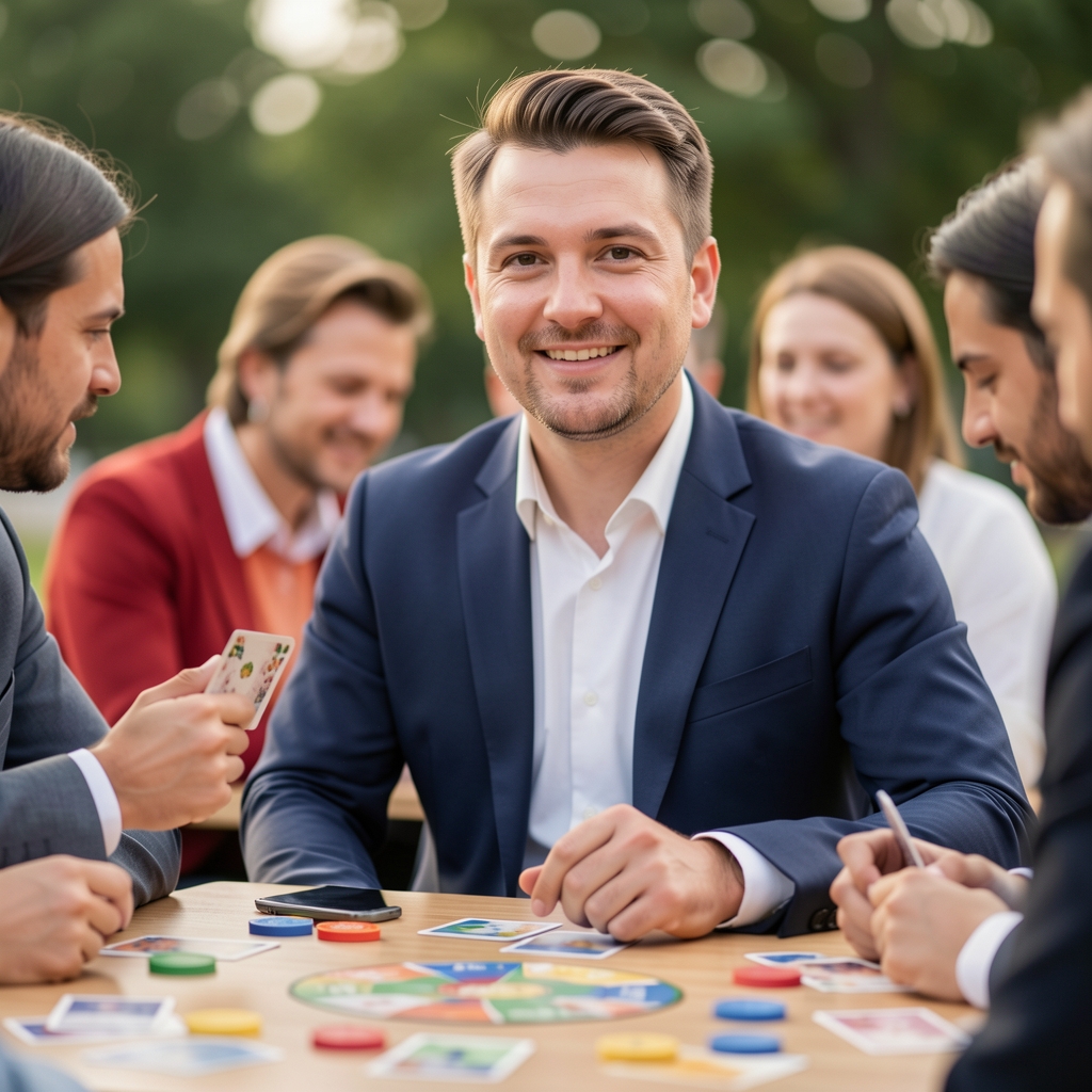 Pracownicy korporacji podczas zorganizowanej gry integracyjnej przy stołach, widoczne karty i żetony, atmosfera team-buildingu