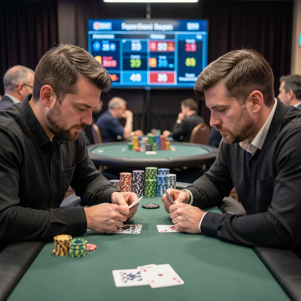 Dwóch graczy pokerowych w skupieniu analizujących karty przy stole Omaha Hi-Lo, w tle widoczne żetony i tablicę punktacji turnieju