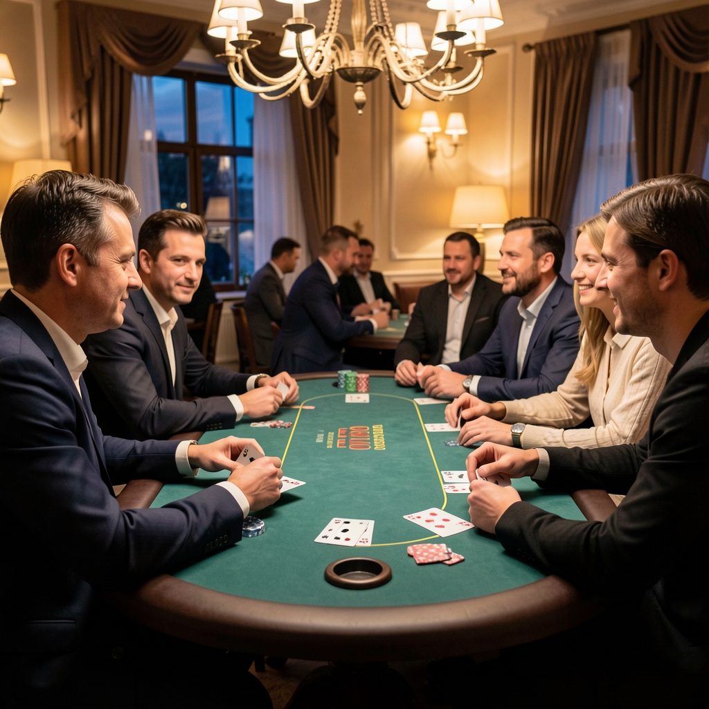 Wieczór pokerowy Texas Hold'em przy drewnianych stołach pokerowych z profesjonalnymi żetonami w krakowskiej sali eventowej