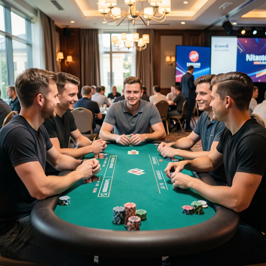 Gracze przy oświetlonym stole pokerowym podczas letniego turnieju Texas Hold'em, widoczne stosy żetonów i karty w rękach graczy