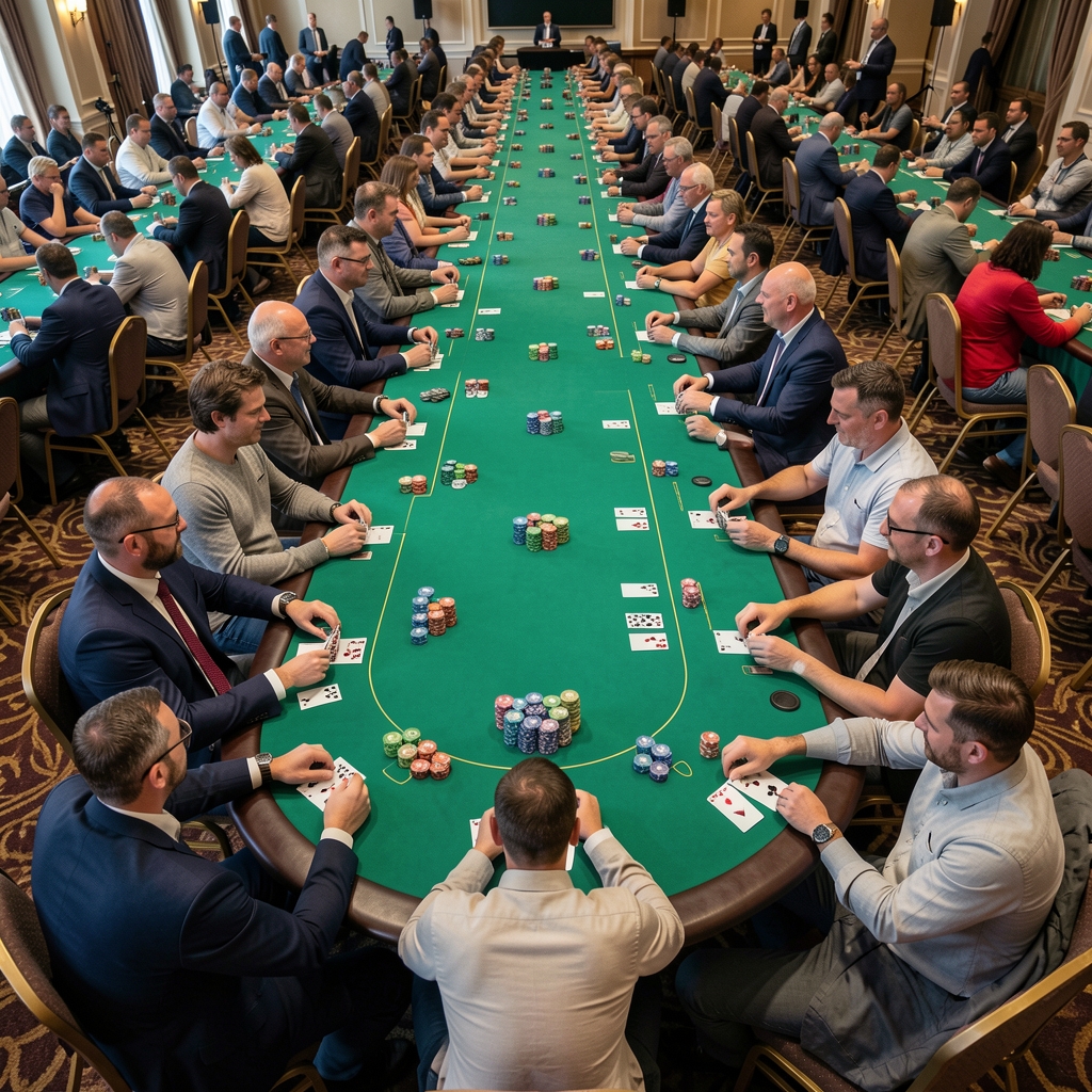 Uczestnicy turnieju pokerowego siedzący przy długich stołach pokrytych zielonym suknem z profesjonalnymi żetonami i kartami, widok z góry, sala pełna ludzi