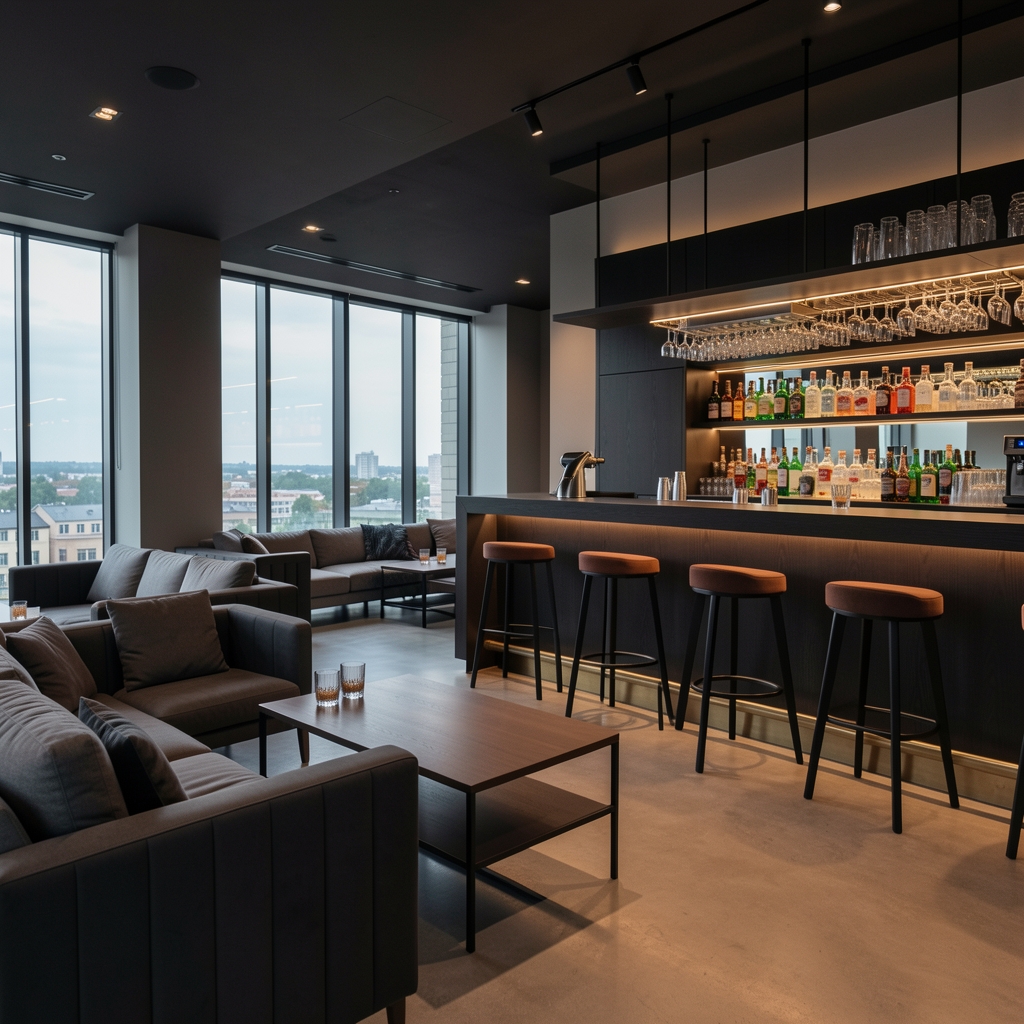 Strefa lounge w sali BONA DREZDENKO z niskim oświetleniem, sofami i barem zastawionym szklankami i butelkami napojów