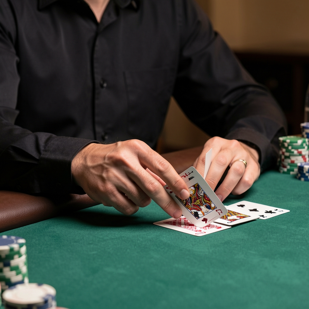 Krupier w czarnej koszuli profesjonalnie tasujący karty przy stole pokerowym, zbliżenie na dłonie i karty w ruchu