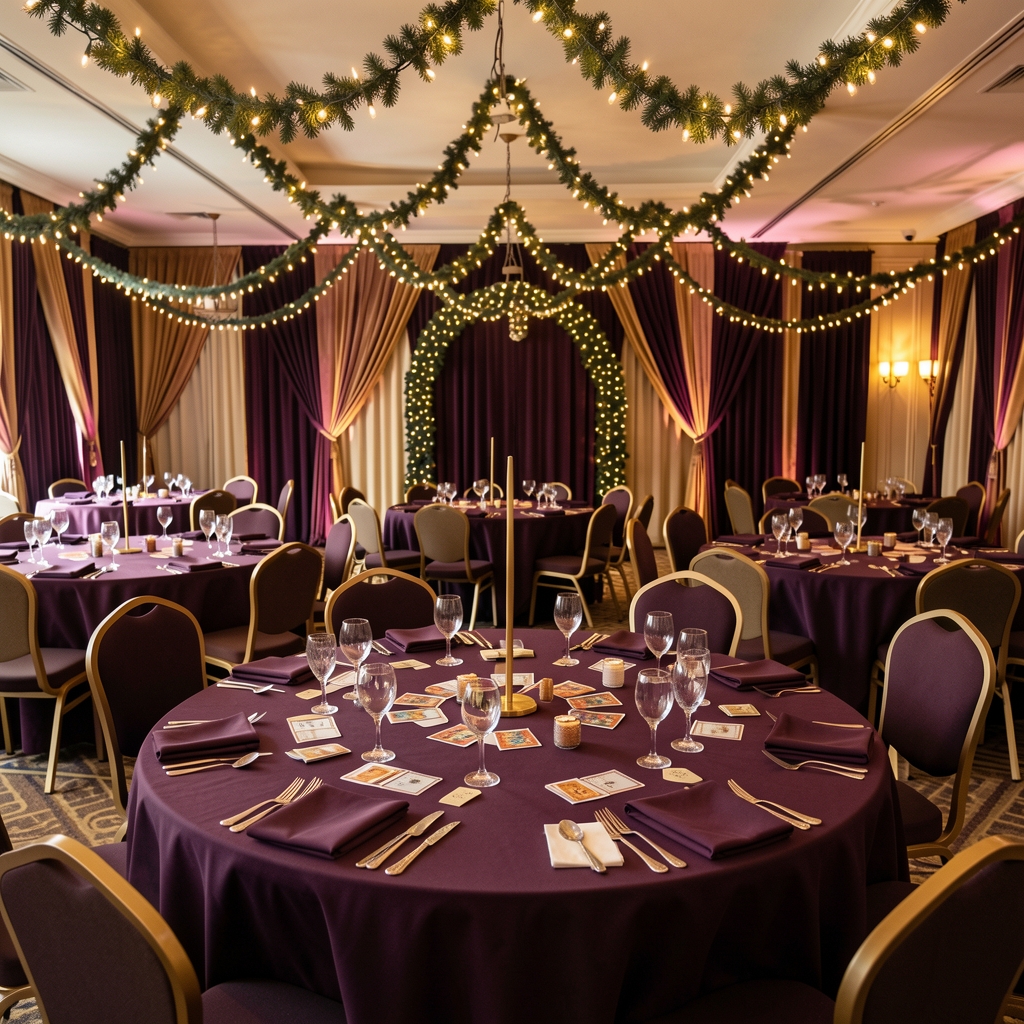 Sala eventowa udekorowana w granatowo-złotych barwach z girlandami żarówek, okrągłe stoły z elegancką zastawą i kartami do gry