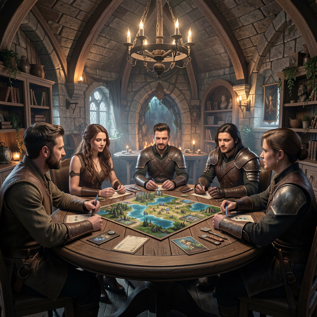 Tematyczny wieczór gier RPG z dekoracjami w stylu lochu fantasy, gracze siedzący przy dużym okrągłym stole z planszą przygodową
