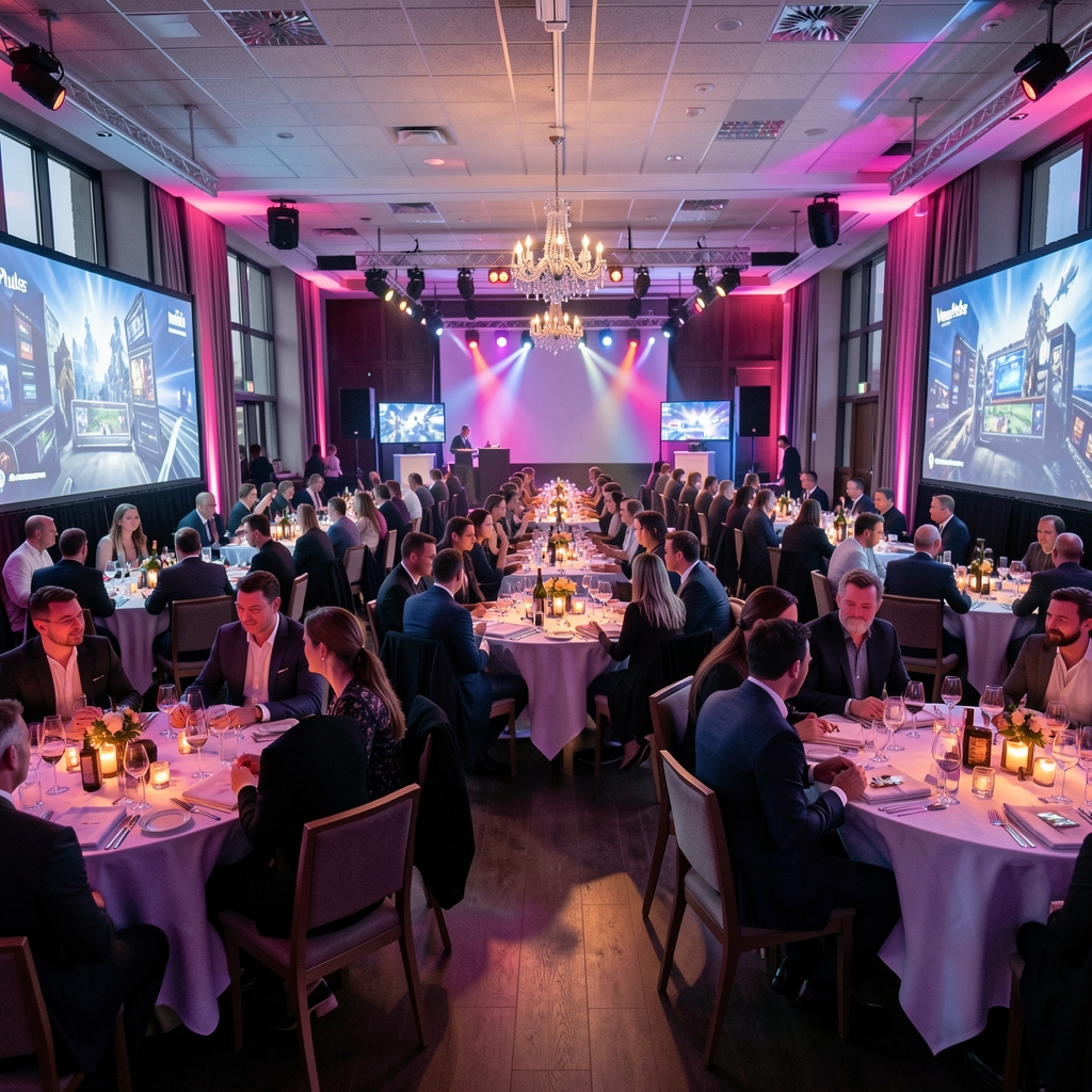 Panoramiczne zdjęcie sali BONA DREZDENKO podczas wieczornego eventu z dziesiątkami gości przy stołach, kolorowe oświetlenie, klimat luxury game night