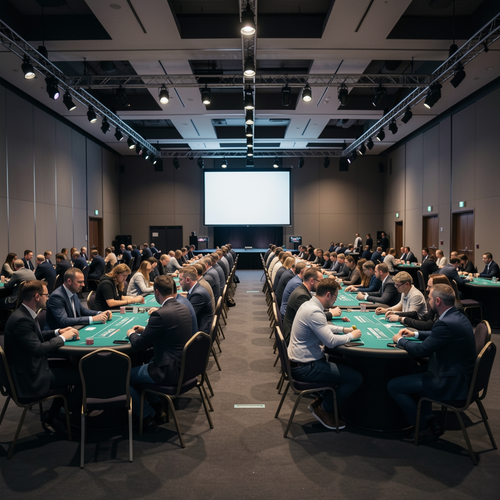 Szeroka panorama sali eventowej BONA DREZDENKO z kilkoma stołami pokerowymi, przyciemnionym oświetleniem i gośćmi siedzącymi przy kartach