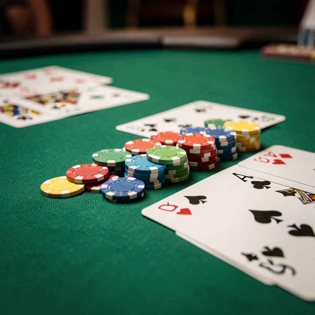 Zbliżenie na kolorowe żetony pokerowe i karty rozłożone na zielonym suknie stołu podczas turnieju