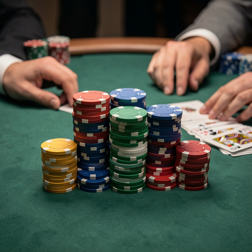 Wysokie stosy wielokolorowych żetonów pokerowych na stole podczas rozgrywki, za nimi karty i dłonie gracza