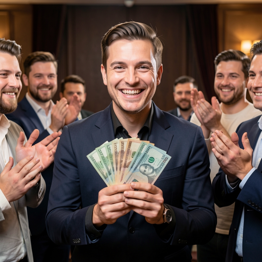 Zwycięzca turnieju pokerowego trzymający pęk banknotów z szerokim uśmiechem, otoczony oklaskującymi uczestnikami