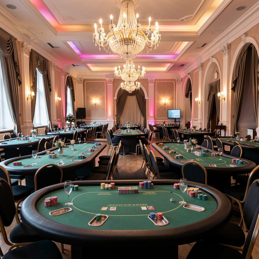 Elegancka sala eventowa w Krakowie przygotowana na tematyczny wieczór gier ze stołami pokerowymi i stylowym oświetleniem