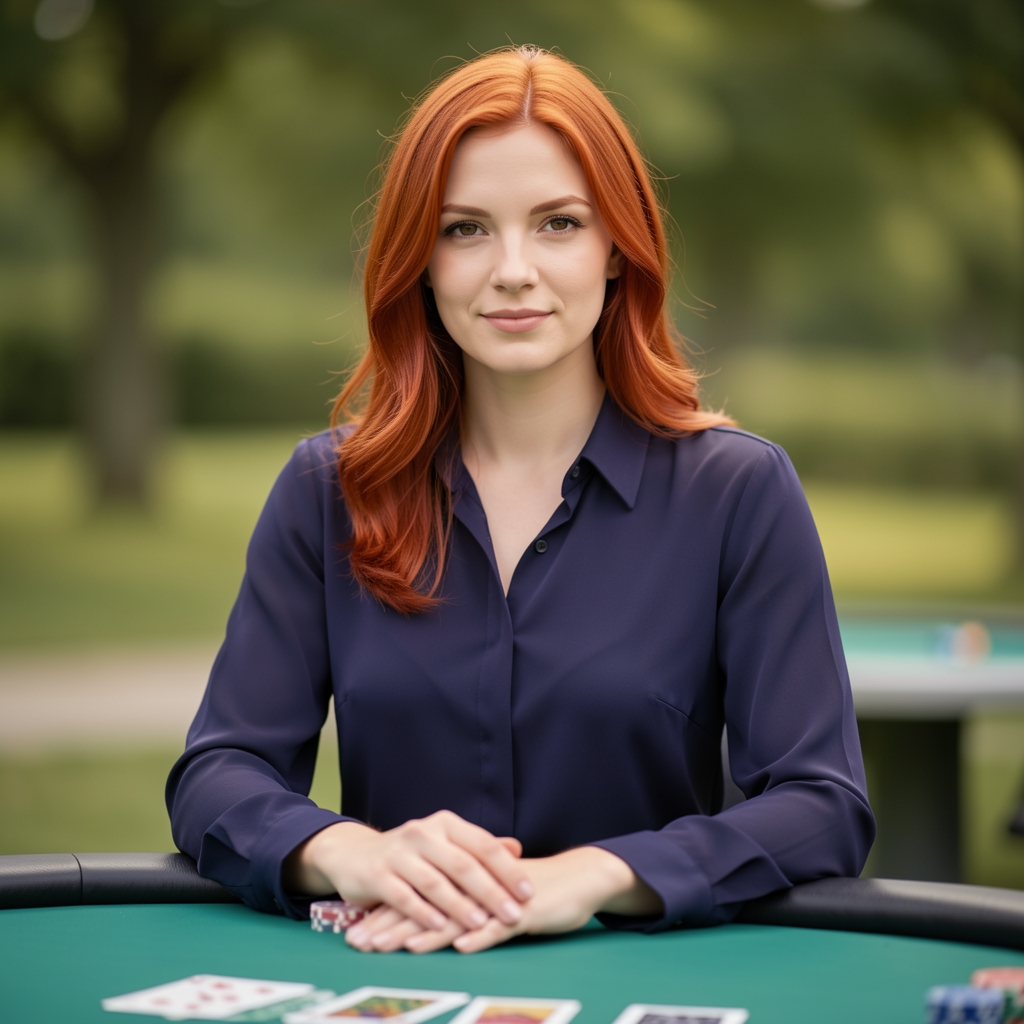 Portret Karoliny Nowak, kobieta około 32 lat z rudymi włosami w bluzce w granatowym kolorze, stoi przy stole pokerowym