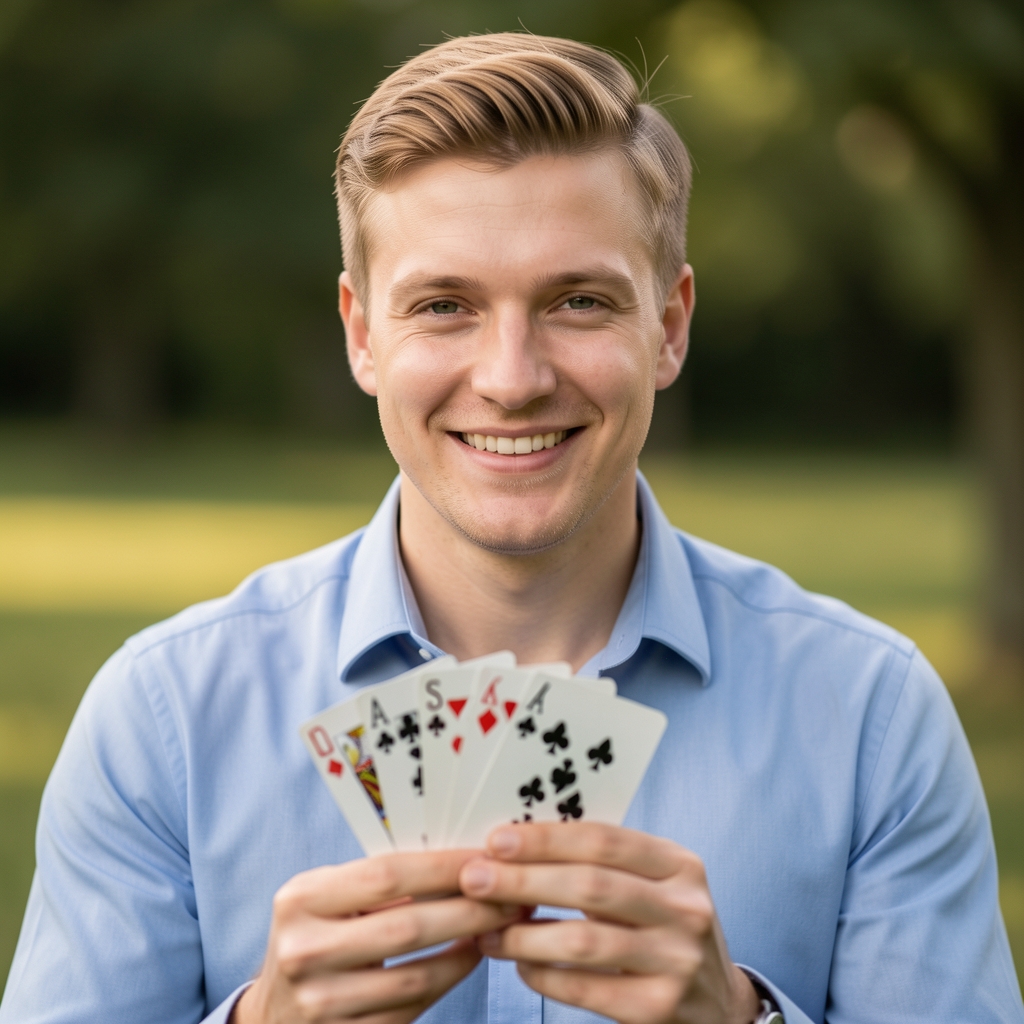 Portret Rafała Kowalskiego, mężczyzna około 28 lat z jasnymi włosami w koszuli, trzyma karty pokerowe i uśmiecha się do kamery